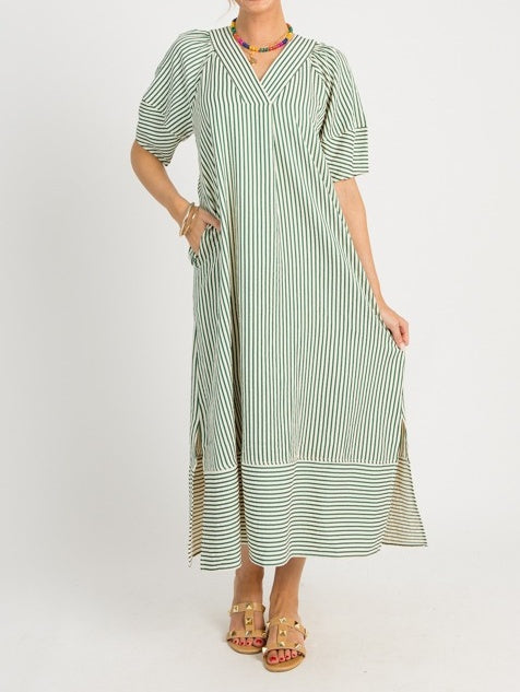 V-neck Lantern Short-sleeved Striped Loose Dress