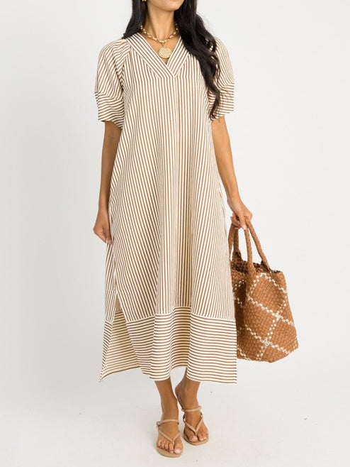 V-neck Lantern Short-sleeved Striped Loose Dress
