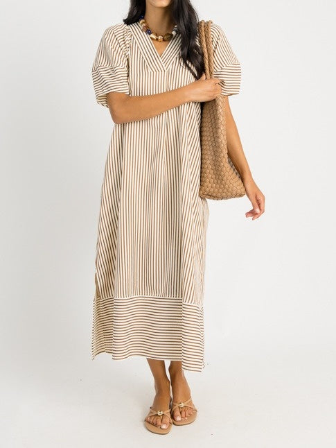 V-neck Lantern Short-sleeved Striped Loose Dress