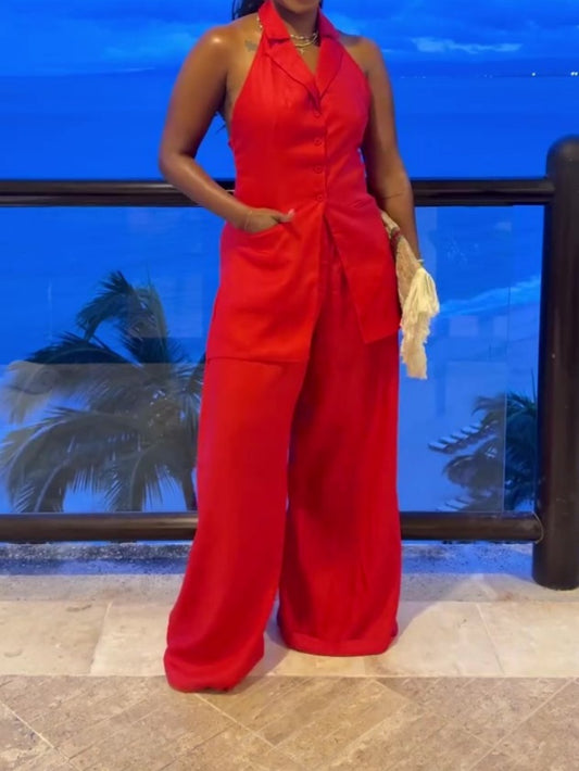 Sleeveless Halterneck Wide-leg Jumpsuit