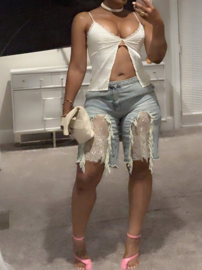 Lace Detail Denim Shorts