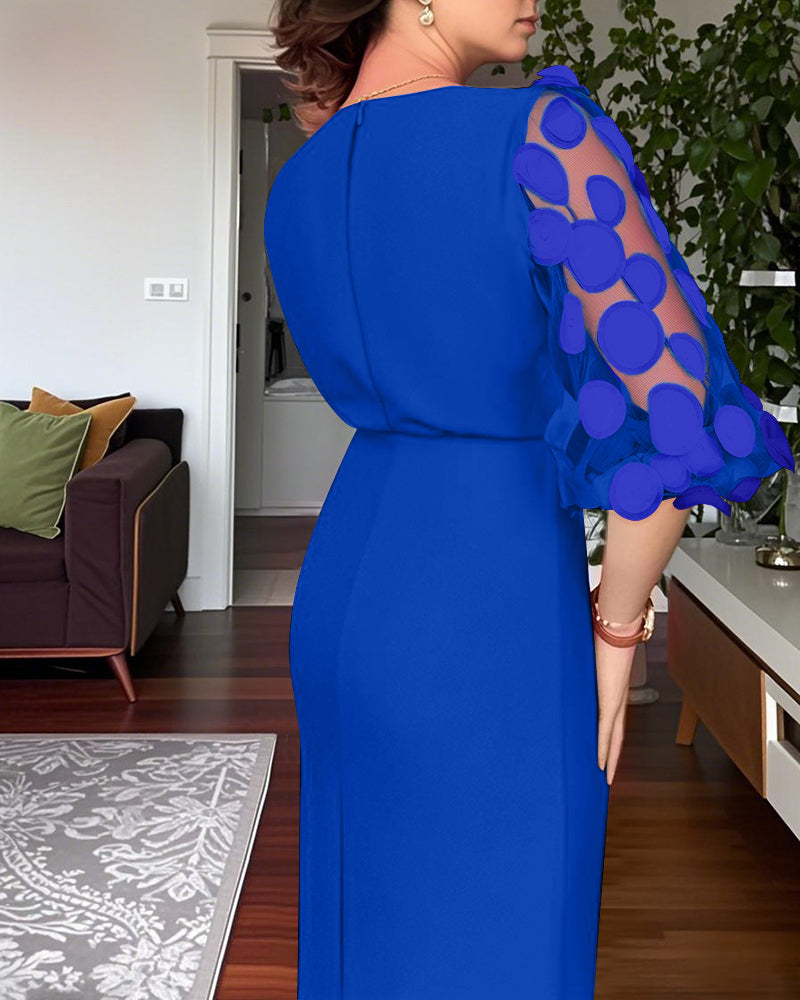Polka Dot Appliqué Mesh Balloon Sleeve Fitted Midi Dress