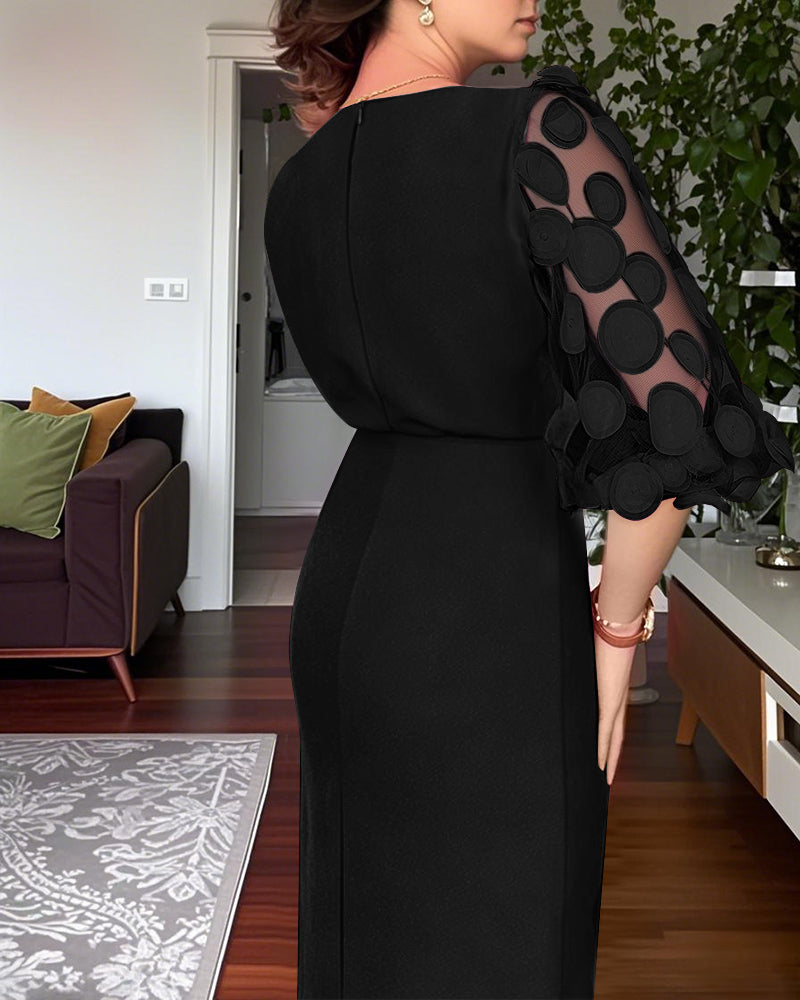 Polka Dot Appliqué Mesh Balloon Sleeve Fitted Midi Dress