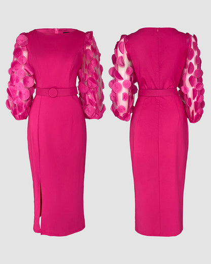 Polka Dot Appliqué Mesh Balloon Sleeve Fitted Midi Dress