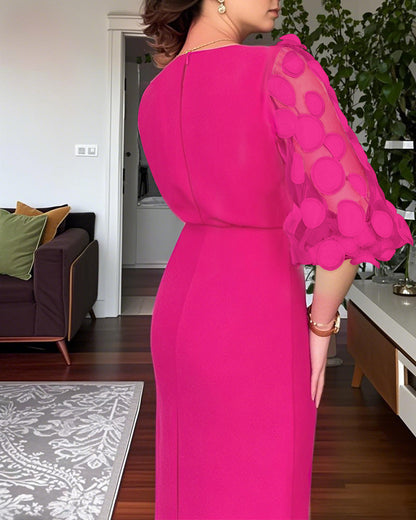 Polka Dot Appliqué Mesh Balloon Sleeve Fitted Midi Dress
