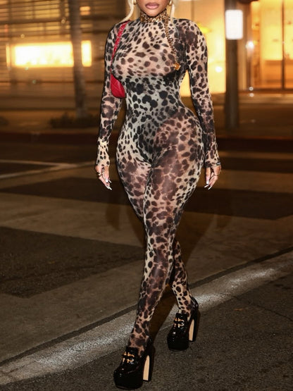 Sexy Leopard Print Round Neck Long Sleeve Skinny Jumpsuit