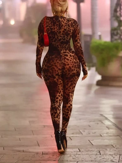 Sexy Leopard Print Round Neck Long Sleeve Skinny Jumpsuit