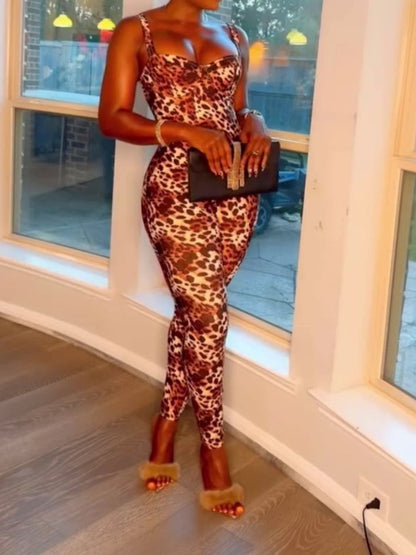 U-neck Leopard Print Jumpsuit
