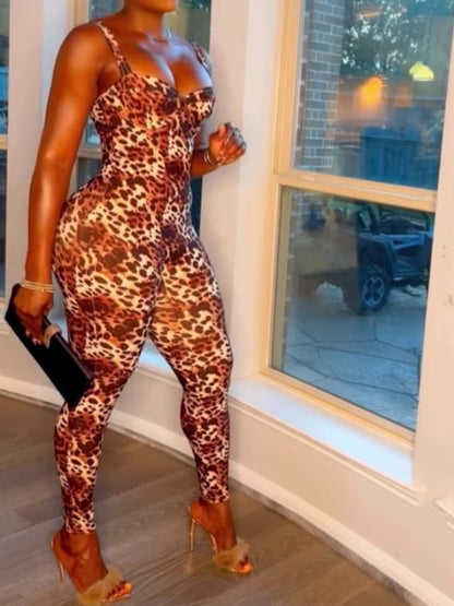 U-neck Leopard Print Jumpsuit