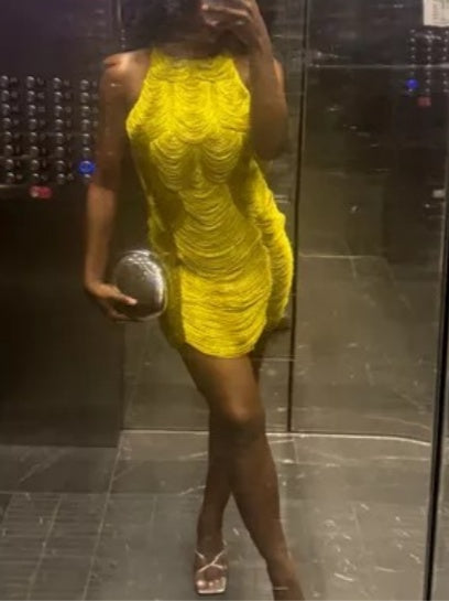 Halter Draped Fringe Mini Dress