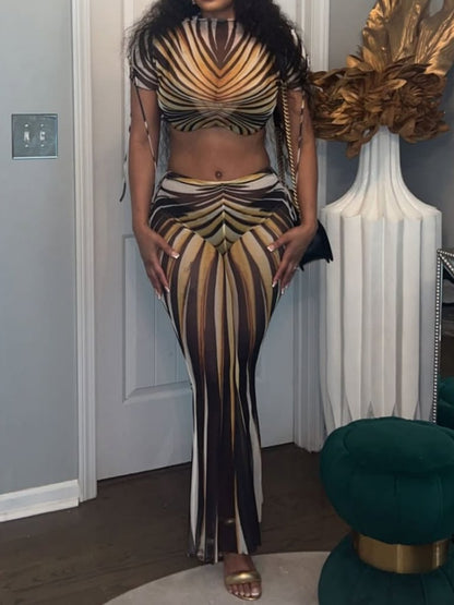 Striped Printed Sheer Mesh Navel-Baring Top Casual Pants Two-Piece Set