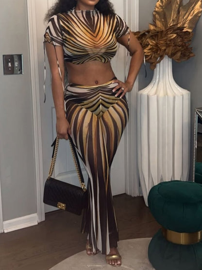 Striped Printed Sheer Mesh Navel-Baring Top Casual Pants Two-Piece Set