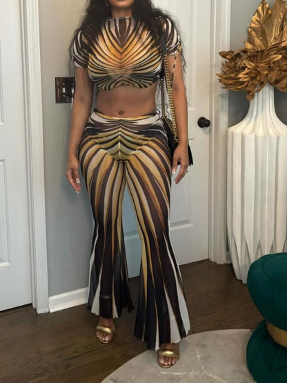 Striped Printed Sheer Mesh Navel-Baring Top Casual Pants Two-Piece Set