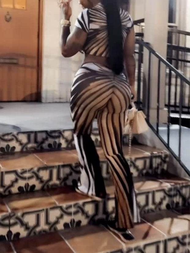 Striped Printed Sheer Mesh Navel-Baring Top Casual Pants Two-Piece Set