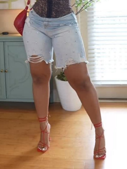 Rhinestone Application Baggy Denim Shorts