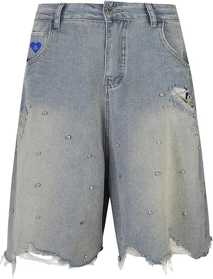 Rhinestone Application Baggy Denim Shorts