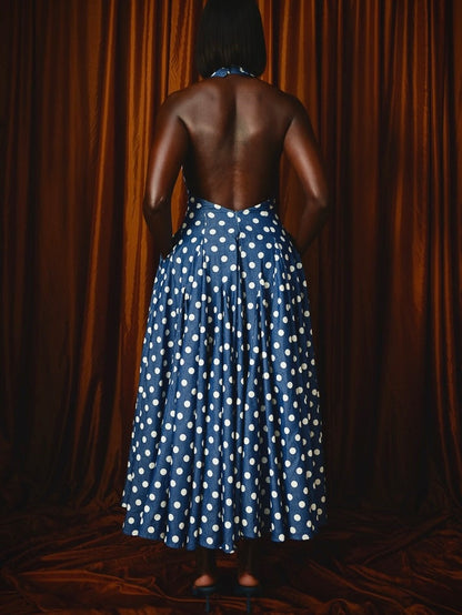 Polka Dot Denim Backless Midi Dress