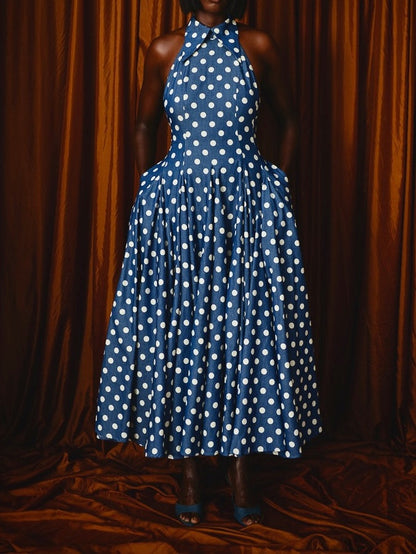 Polka Dot Denim Backless Midi Dress