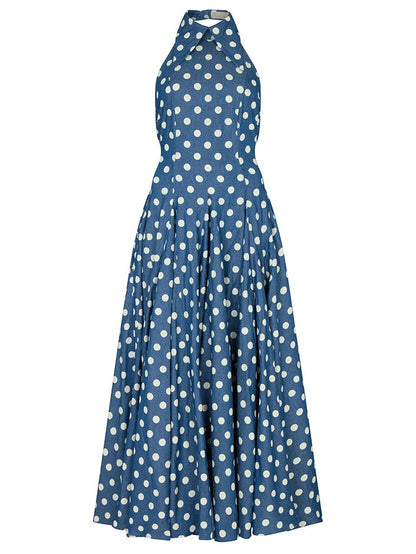 Polka Dot Denim Backless Midi Dress