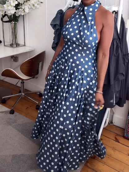Polka Dot Denim Backless Midi Dress