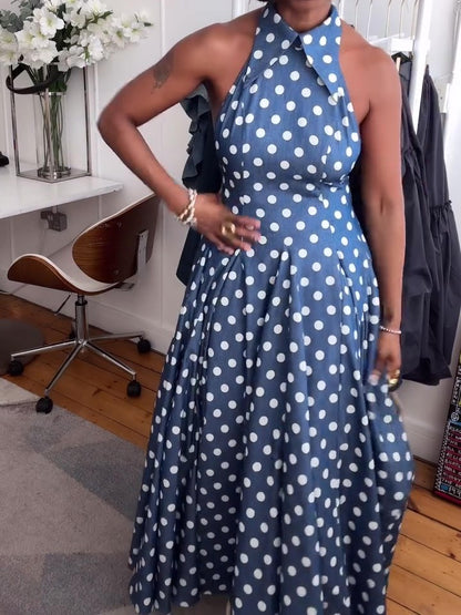 Polka Dot Denim Backless Midi Dress