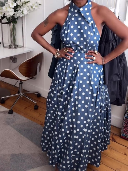 Polka Dot Denim Backless Midi Dress