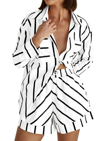 Womens Striped Button Down Shirts And Shorts Sets