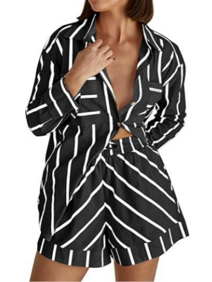 Womens Striped Button Down Shirts And Shorts Sets
