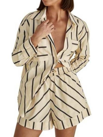 Womens Striped Button Down Shirts And Shorts Sets
