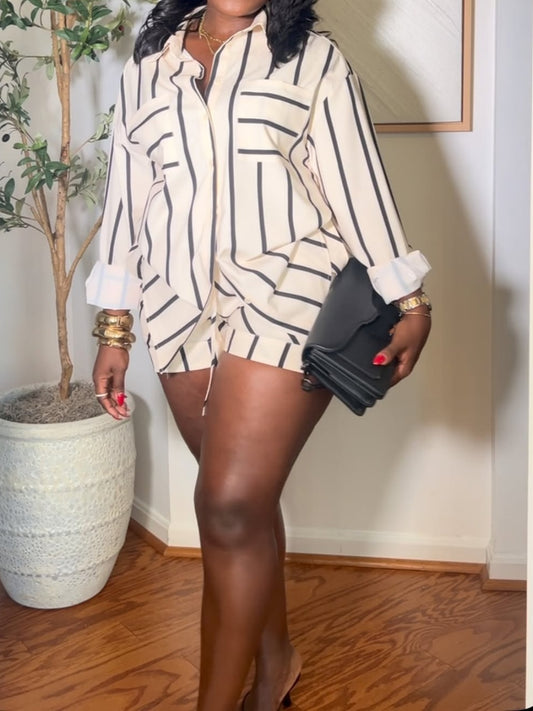 Womens Striped Button Down Shirts And Shorts Sets