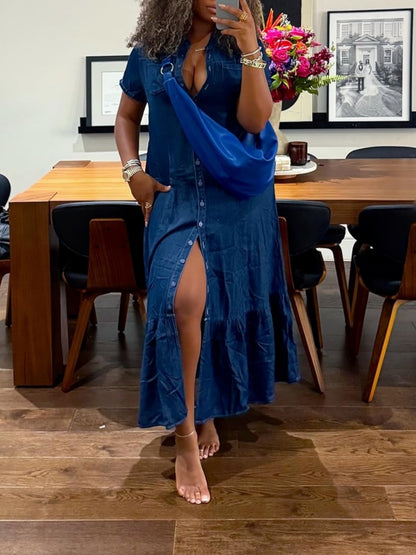 Womens Casual Loose Fit Button Down Denim Maxi Dress