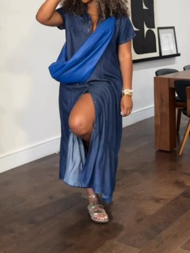 Womens Casual Loose Fit Button Down Denim Maxi Dress
