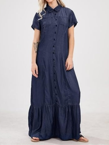Womens Casual Loose Fit Button Down Denim Maxi Dress