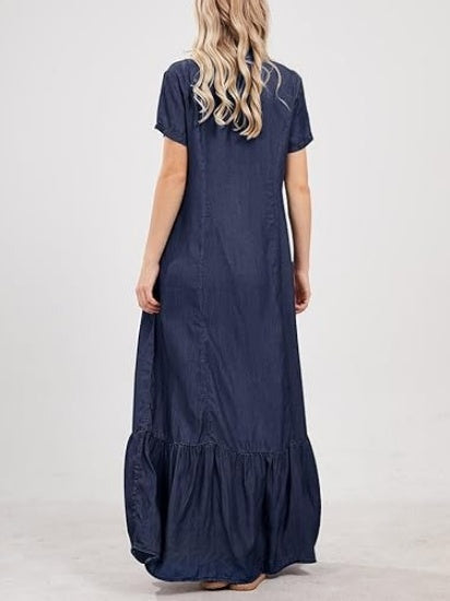 Womens Casual Loose Fit Button Down Denim Maxi Dress