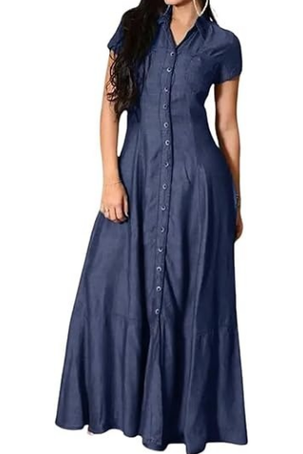 Womens Casual Loose Fit Button Down Denim Maxi Dress
