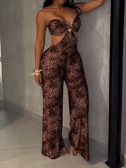 Sleeveless Cut-out Leopard Print Jumpsuit