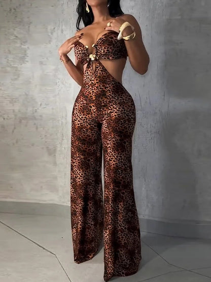 Sleeveless Cut-out Leopard Print Jumpsuit