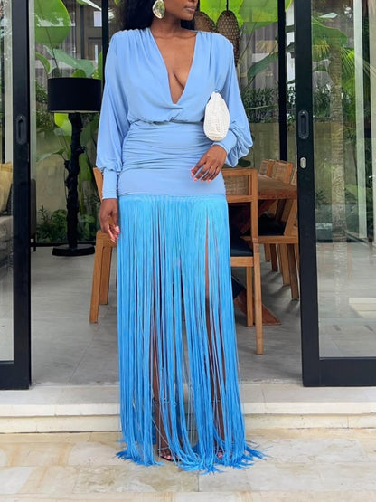 V-neck Long-sleeved Fringe Dress