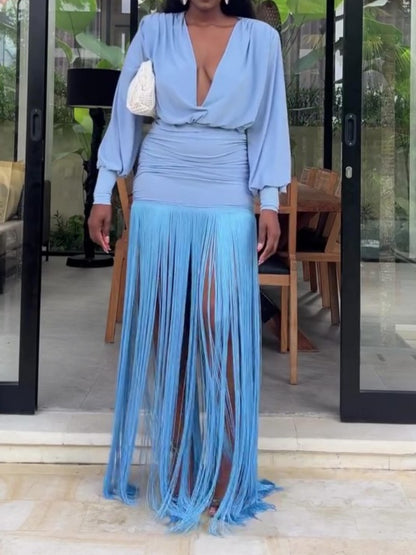 V-neck Long-sleeved Fringe Dress
