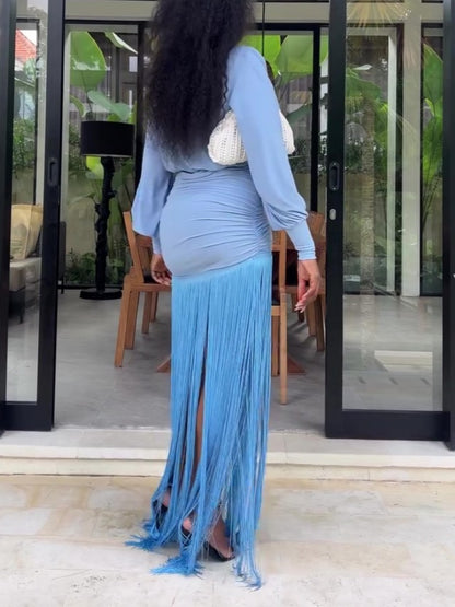 V-neck Long-sleeved Fringe Dress