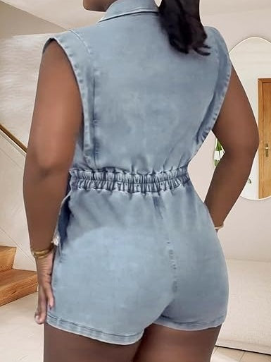 Denim Lapel Jumpsuit Shorts