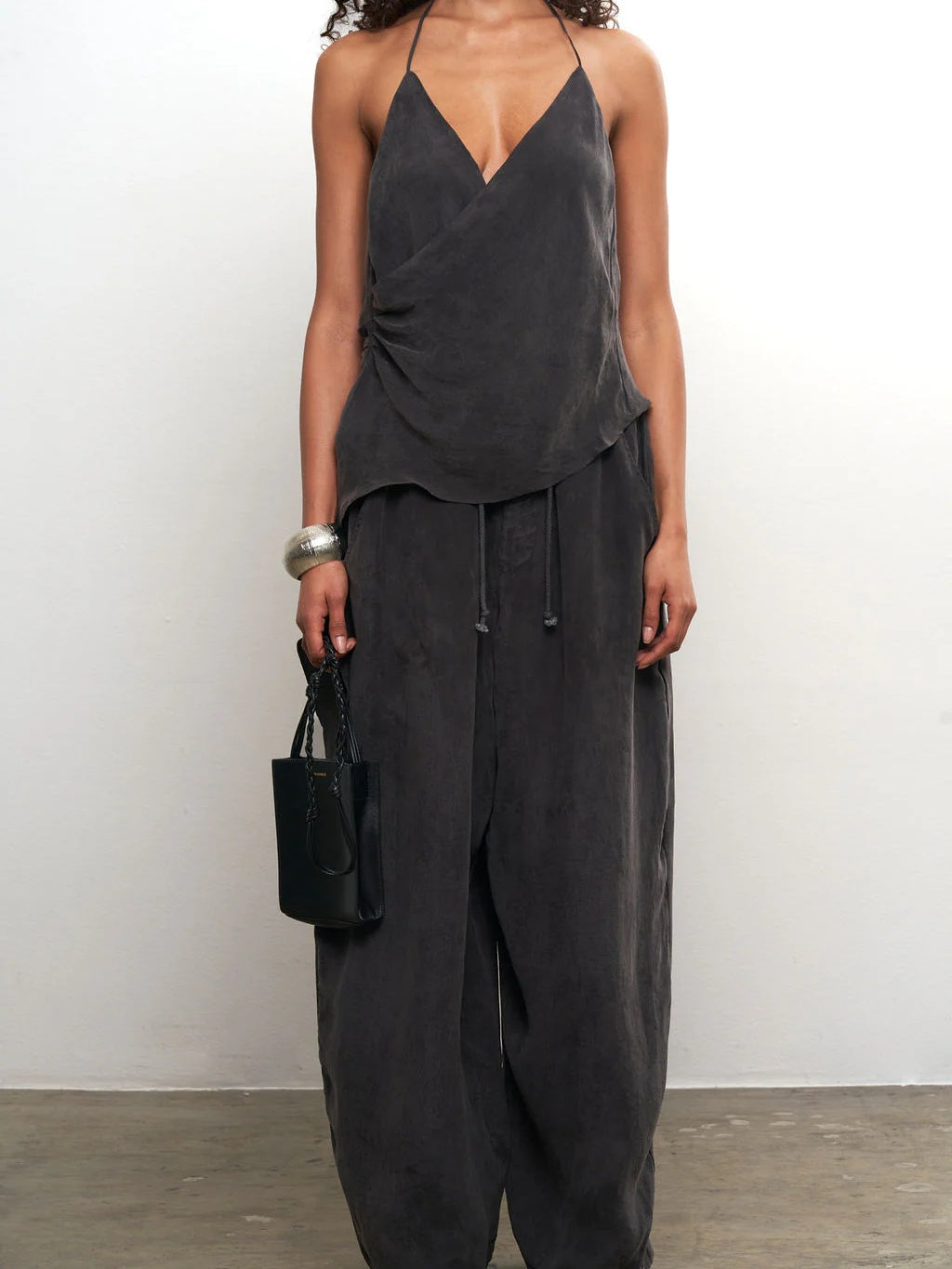 Taupe Cupro Drape Pants Set