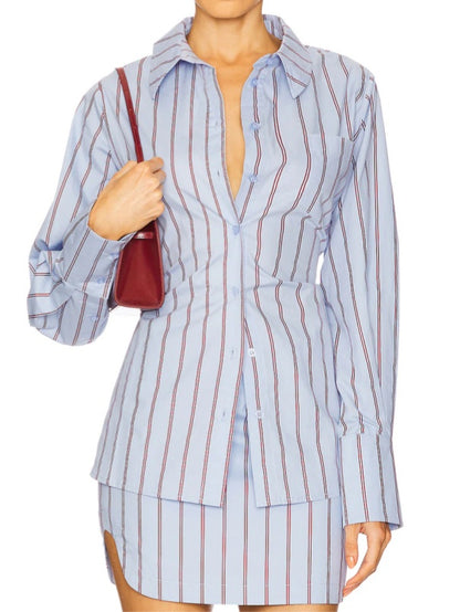 Striped Shirt And Short Skirt Two-piece Set