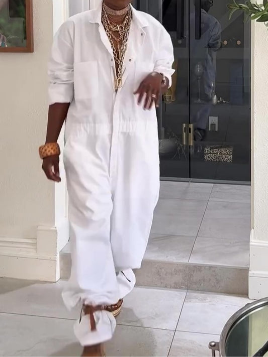 White Lapel Collar Cargo Jumpsuit