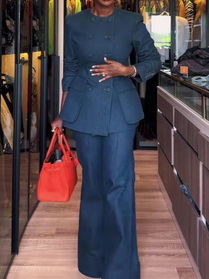 Double Breasted Denim Blazer Flared Jeans Set