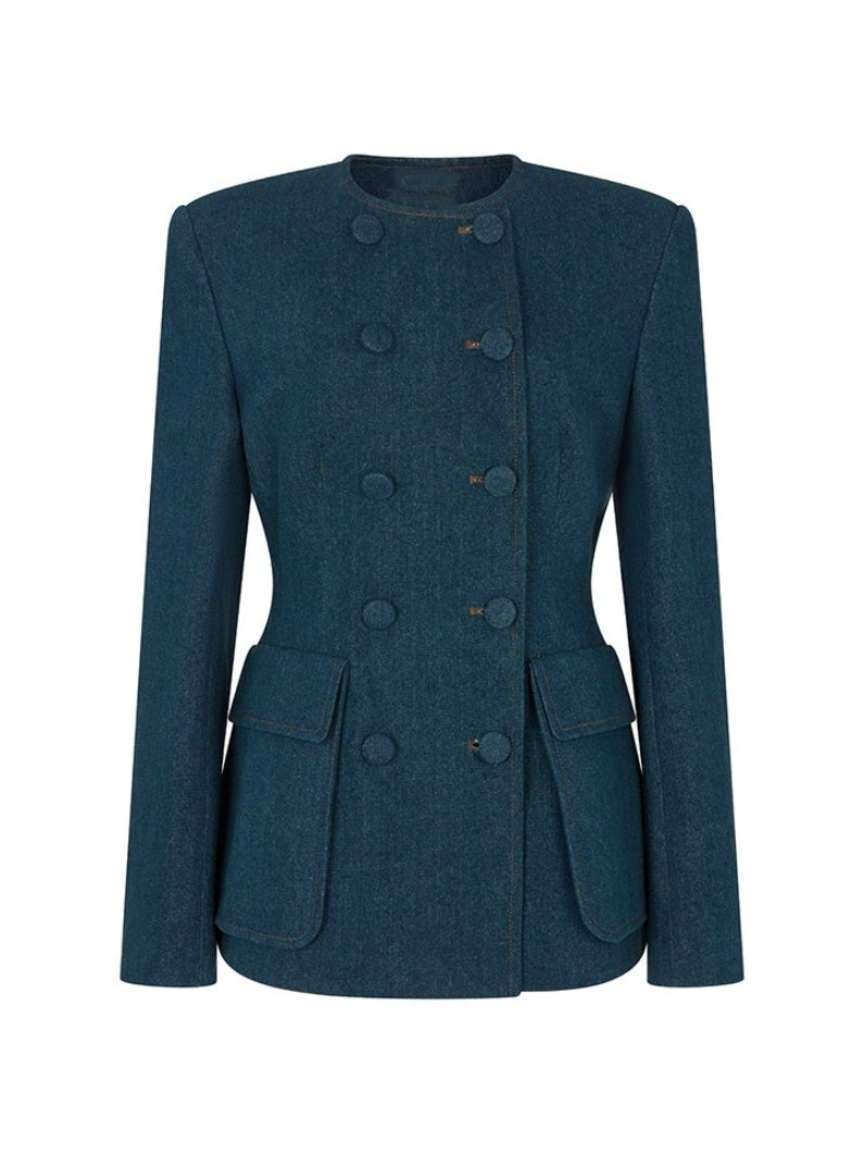 Double Breasted Denim Blazer Flared Jeans Set