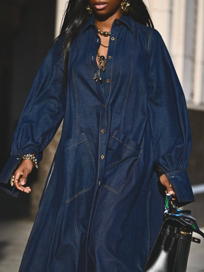Dark Denim Flared Shirt Dress