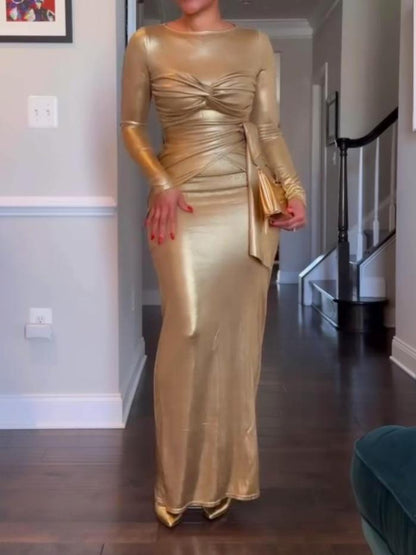 Gold Pleated Slim Dress