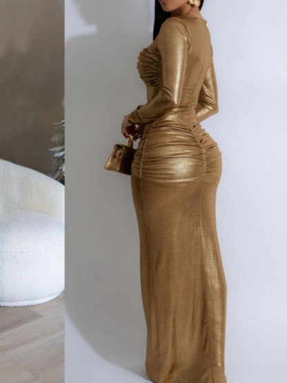 Gold Pleated Slim Dress