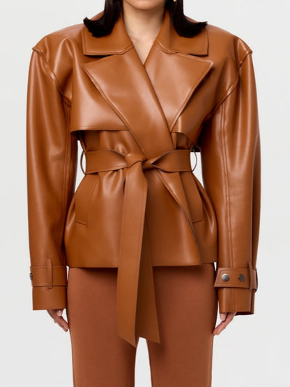 Cropped Leather Trench Jacket